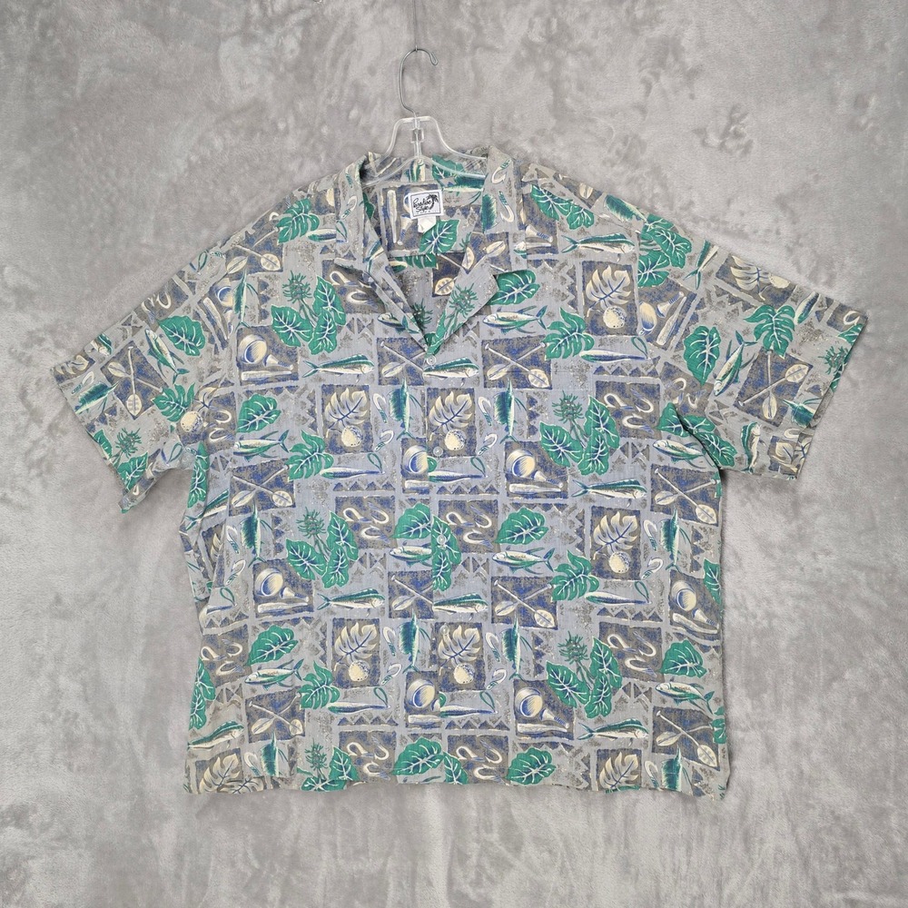 Paradise Style Hawaiian Shirt Men 3XL Gray Fishing Mahi Mahi Tropical Cotton Vtg